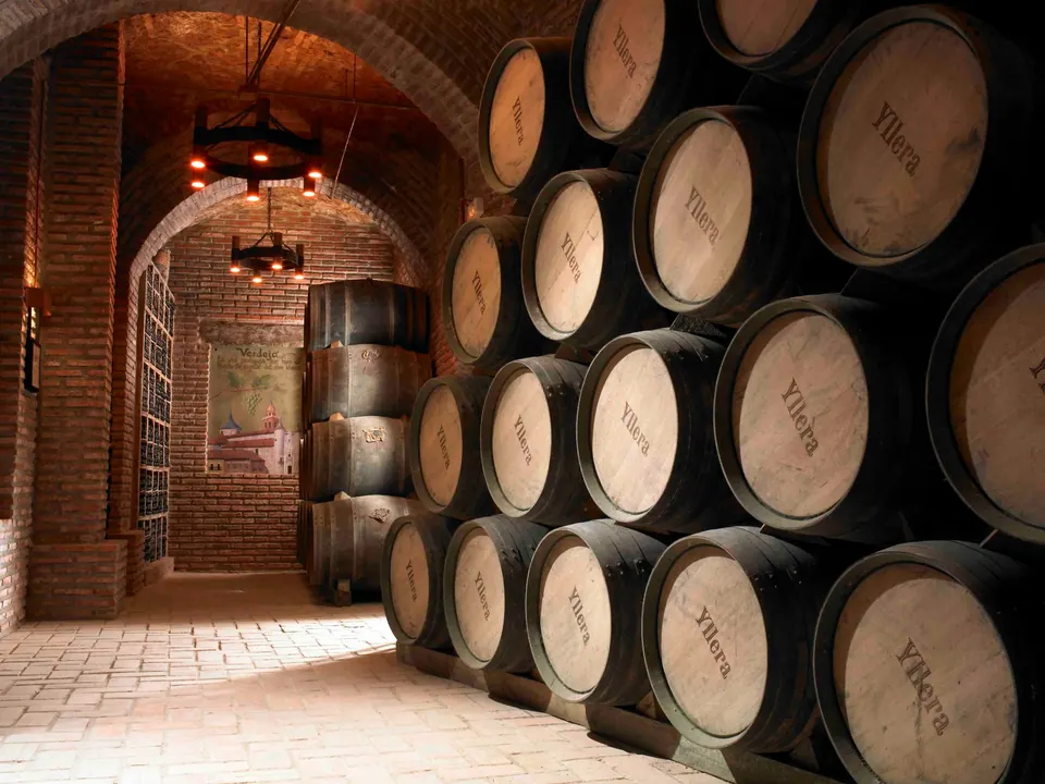 Barricas apiladas en las galerías subterráneas de la bodega histórica Yllera